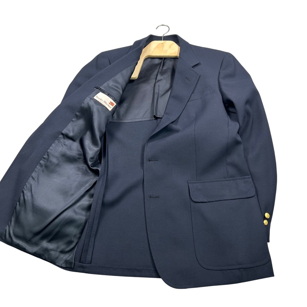 Stanley Blacker Mens Navy Blue Gold Crest Button Blazer Sport Coat Made in USA